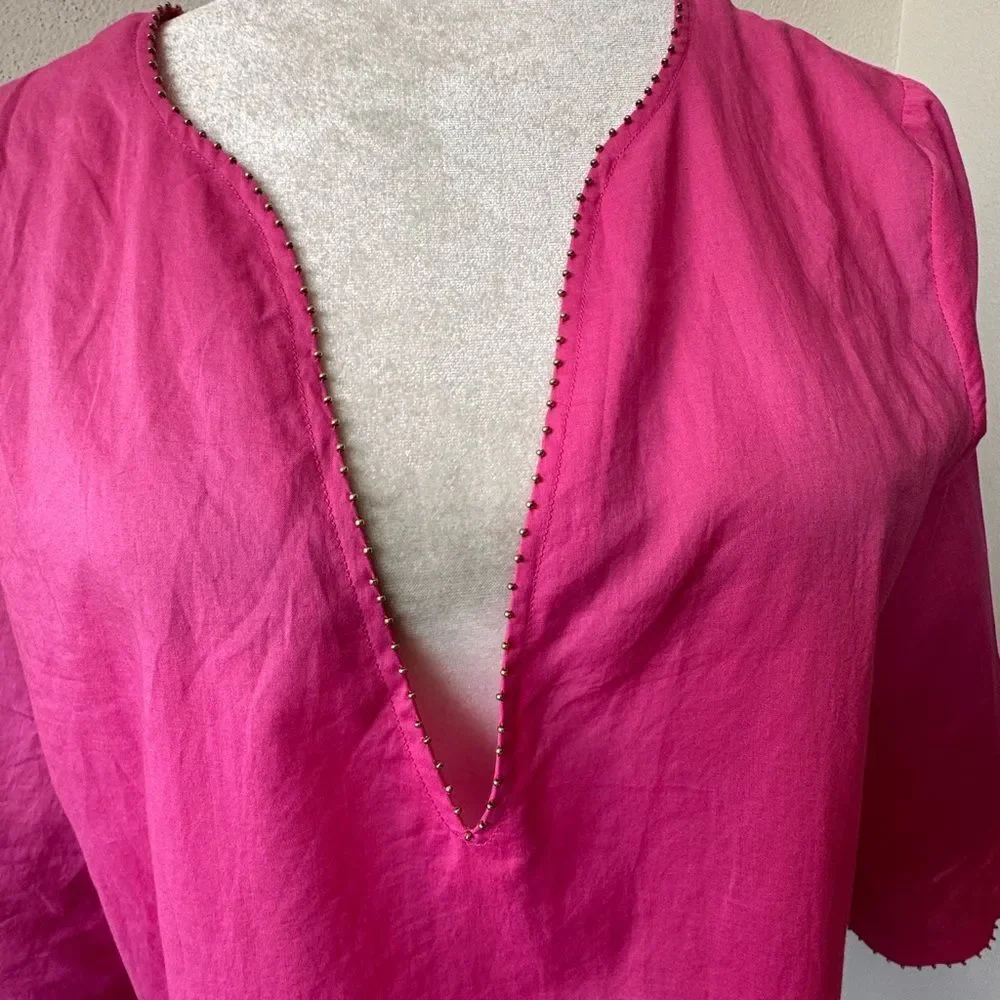 J. Crew Hot Pink V-Neck Tunic Top 100% Cotton Blouse SZ S